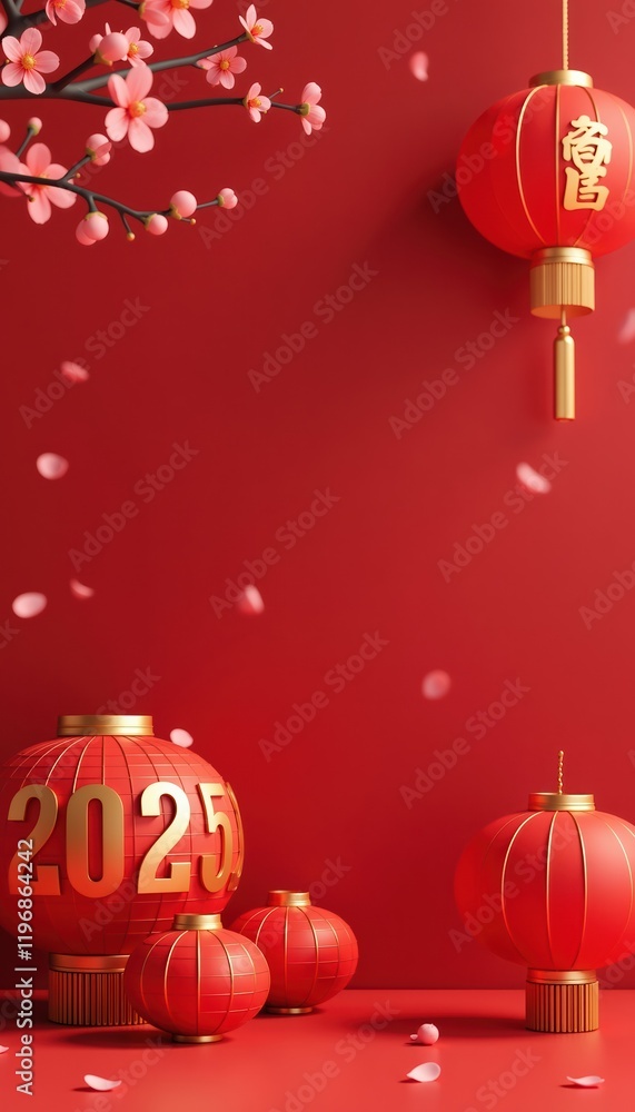 Naklejka premium Red Chinese lanterns with 2025 and golden characters, pink cherry blossoms and petals, Chinese New Year celebration