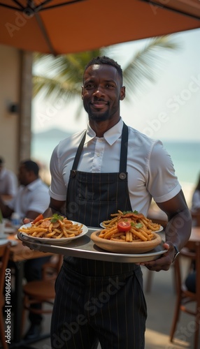 Smiling dark haired server in black striped apron holds silver tray with spaghetti food, service concept. photo