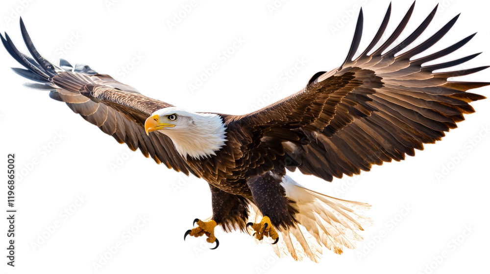 Obraz premium Majestic bald eagle soaring through sky with outstretched wings, showcasing its powerful presence and striking features. symbol of freedom and strength in nature