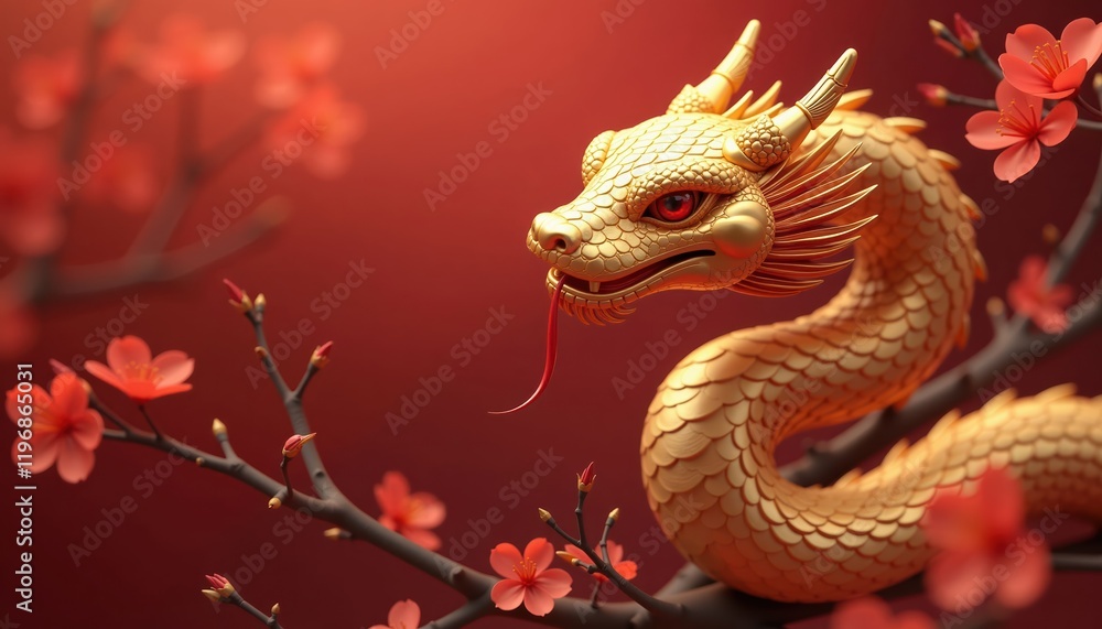 Obraz premium Golden dragon with red tongue, cherry blossoms on branch, red background, Chinese New Year celebration