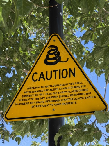 Принти на полотні Yellow caution sign warning about rattlesnakes near green trees