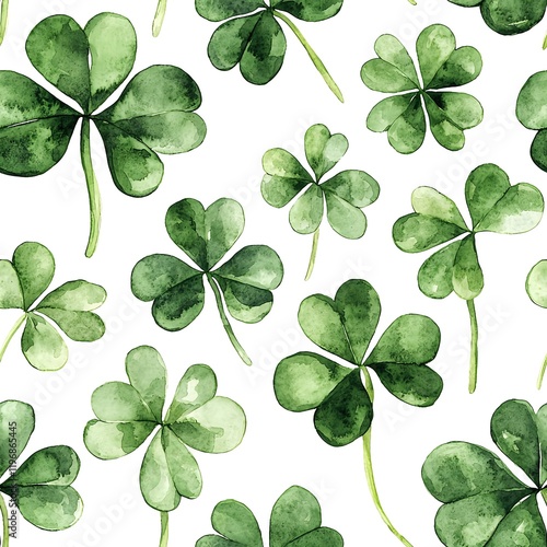 A seamless pattern of watercolor shamrock leaves in soft green hues on a white background