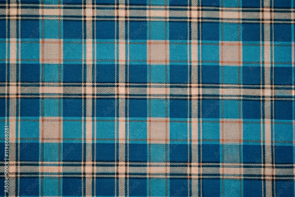 Fototapeta premium Classic Blue Tartan Plaid Textile fabric Pattern with Beige, White, and Black Lines in Traditional Scottish Style