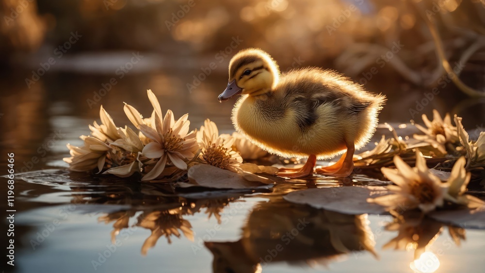 A duckling stands on lily pads amidst flowers, reflecting a serene natural scene. A duckling stands on lily pads amidst flowers, reflecting a serene natural scene.
