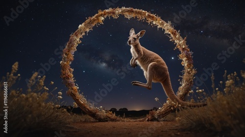 A kangaroo leaps through a floral arch under a starry night sky. photo