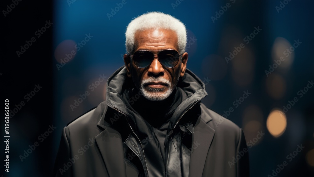 An urban photo featuring an old male model wearing in outfit avant-garde futuristic design. Blurred cyberpunk city as a background. An urban photo featuring an old male model wearing in outfit avant-garde futuristic design. Blurred cyberpunk city as a background.