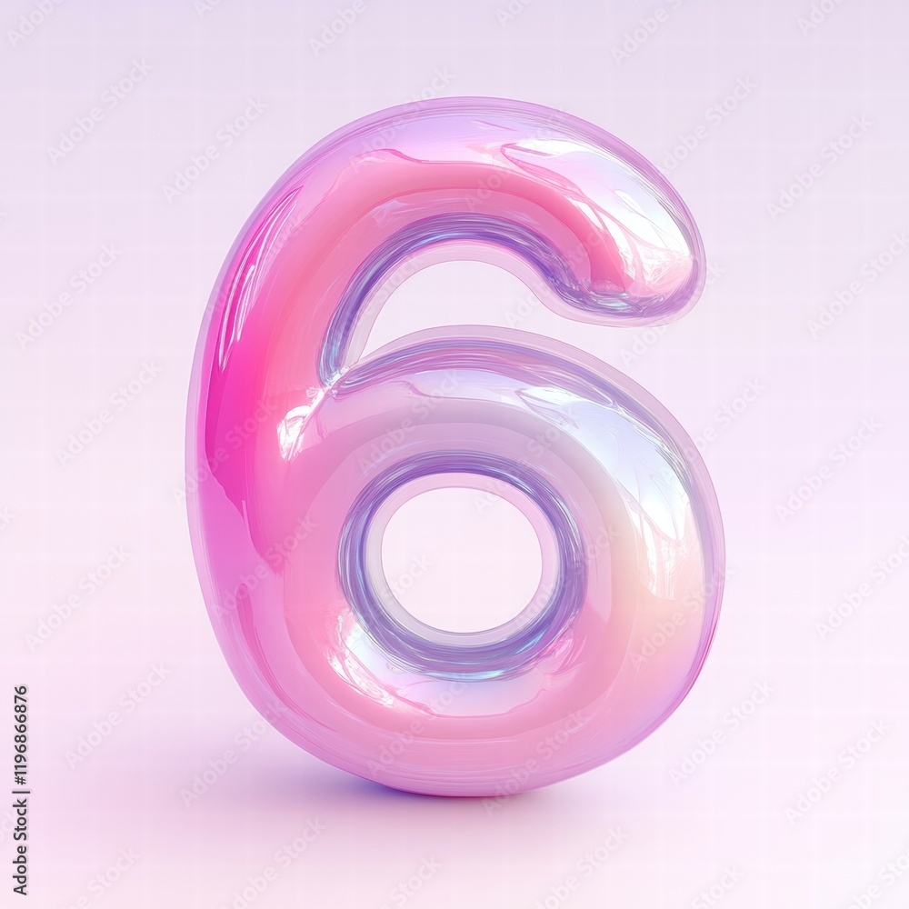 Bright pink and purple glossy number six standing on a smooth pastel background reflecting soft light in an artistic display. Generative AI Bright pink and purple glossy number six standing on a smooth pastel background reflecting soft light in an artistic display. Generative AI