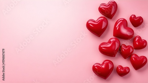Red Hearts on Pink Background:  A scattering of glossy, vibrant red hearts on a soft pink background create a romantic and playful visual. The hearts are arranged in a cluster in the lower corner.
