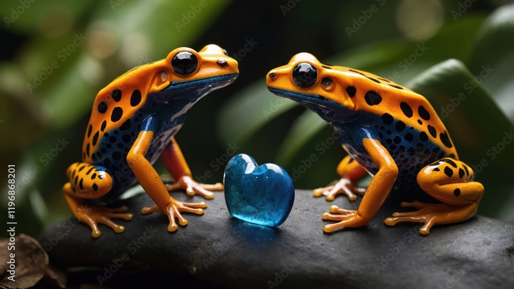 Two vibrant frogs with a blue heart in a lush environment, symbolizing love and connection. Two vibrant frogs with a blue heart in a lush environment, symbolizing love and connection.