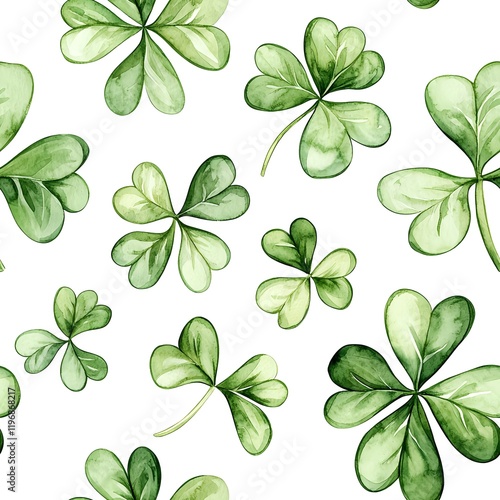 A seamless pattern of watercolor shamrock leaves in soft green hues on a white background