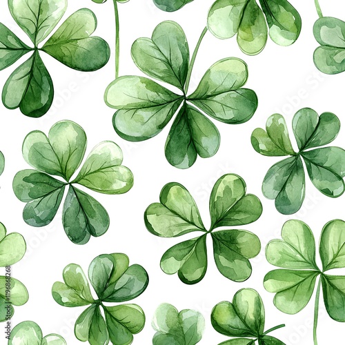 A seamless pattern of watercolor shamrock leaves in soft green hues on a white background