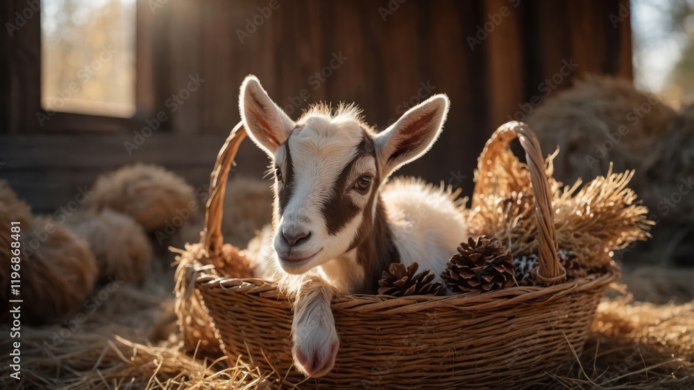 A young goat resting in a basket surrounded by pinecones and hay in a cozy barn setting. A young goat resting in a basket surrounded by pinecones and hay in a cozy barn setting.