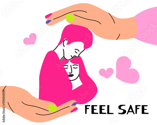 Hands taking care of a young couple. Concept of support and kindness in community.Volunteer share empathy and hope with needy. Help and compassion in life. Flat vector illustration.