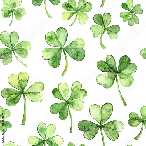 A seamless pattern of watercolor shamrock leaves in soft green hues on a white background
