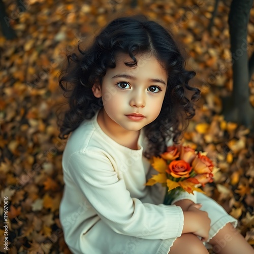 Girl with roses sitting on autumn leaves.