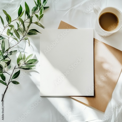 Blank canvas with natural elements and coffee cup on cozy fabric background inviting creative text placement. Generative AI photo