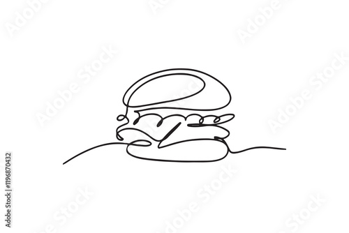 Single line drawing of hamburger . Silhouette of fast food restaurant burger with cheese, cutlet and salad.