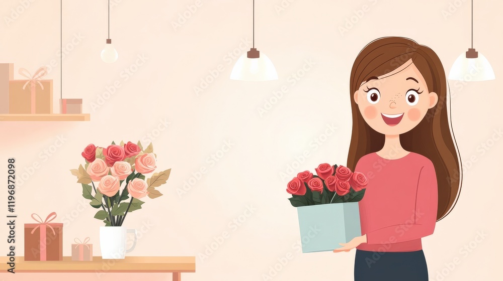 Cheerful Young Woman Holding a Beautiful Rose Bouquet in a Cozy Indoor Setting with Gifts and Flowers Cheerful Young Woman Holding a Beautiful Rose Bouquet in a Cozy Indoor Setting with Gifts and Flowers