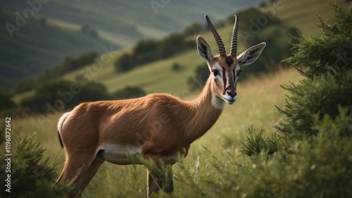 A gazelle stands gracefully in a lush green landscape, showcasing its natural habitat. photo