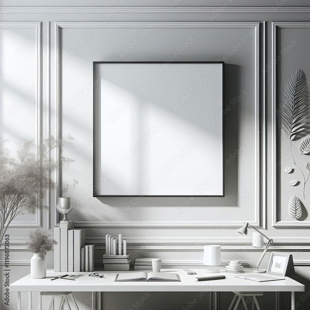 Fototapeta premium empty wooden picture frames with blank white canvases hanging on the wall, empty space in the middle of each frame for text or design to be placed inside.