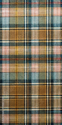 Classic Plaid Textile Pattern fabric with Soft Pink, Olive Green, and Light Blue Intersecting Lines in a Symmetrical Grid Design