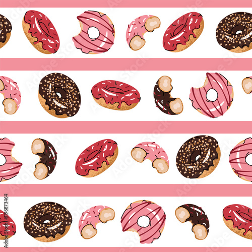 Striped Seamless pattern with glazed donuts. Repeating texture with delicious dessert for fabric, wallpaper, paper, etc.