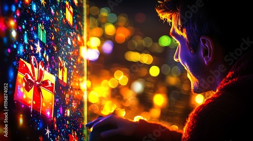 A man smiling at a hologram of his partner holding a virtual gift during a long-distance video call