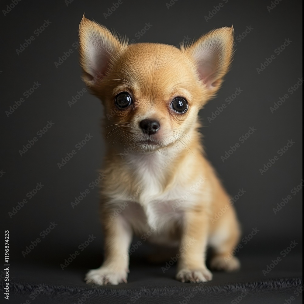 Cute chihuahua puppy with large ears and bright eyes sitting on a dark background indoors. Generative AI Cute chihuahua puppy with large ears and bright eyes sitting on a dark background indoors. Generative AI