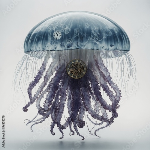 A surreal jellyfish with clock faces embedded in its body, representing the passage of time on a white backdrop.