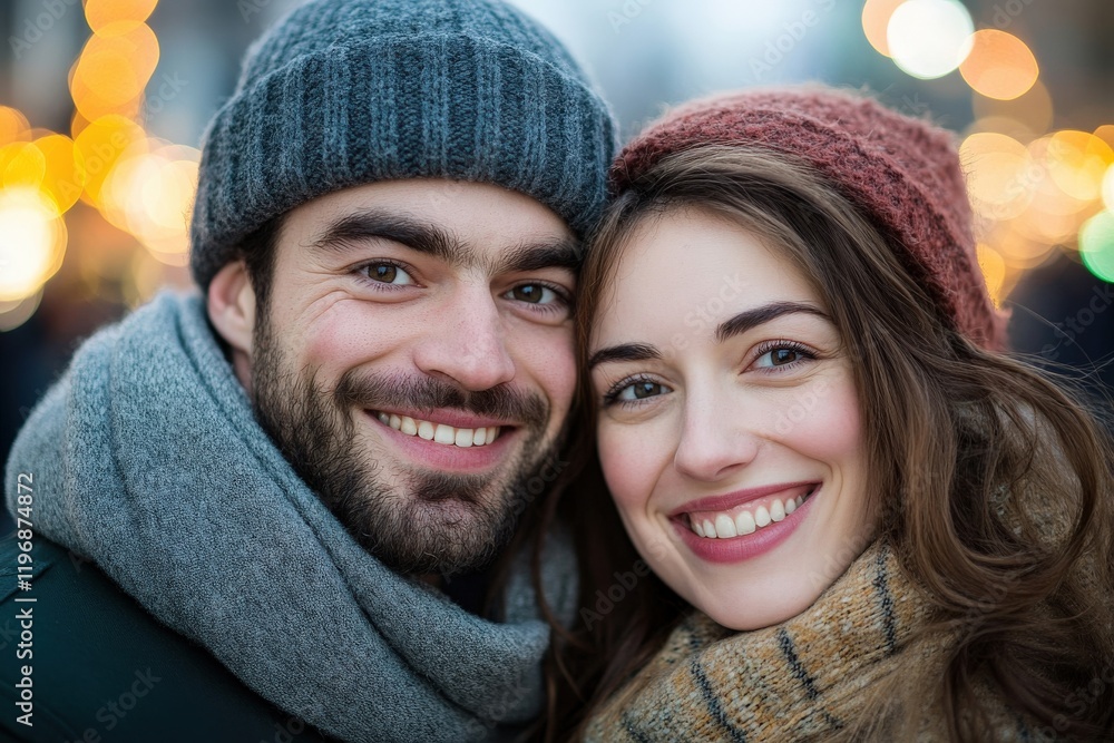 Joyful couple smiling together in winter attire with festive lights in the background at a holiday market scene Joyful couple smiling together in winter attire with festive lights in the background at a holiday market scene