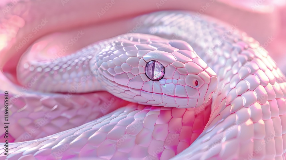 A close-up of an iridescent white snake with pink scales, pink background A close-up of an iridescent white snake with pink scales, pink background
