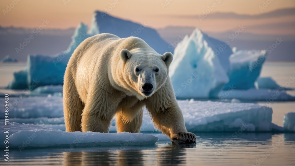 A polar bear walking on ice near water, surrounded by icebergs in a serene environment. A polar bear walking on ice near water, surrounded by icebergs in a serene environment.