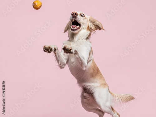 Funny Dog Trying to Catch a Treat Mid-Air Against a Minimalist Colored Background photo