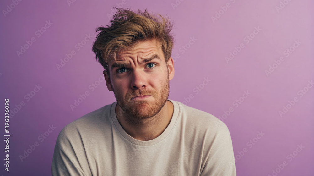 Obraz premium Frustrated man poses in front of a pastel background while expressing disbelief during a creative session