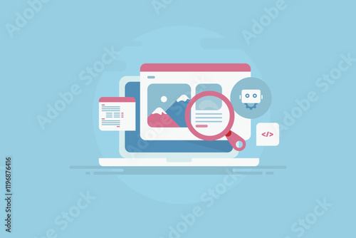 Ai website builder concept, website design and web development with artificial intelligence technology, business solution with AI chatbot virtual assistant, vector illustration.