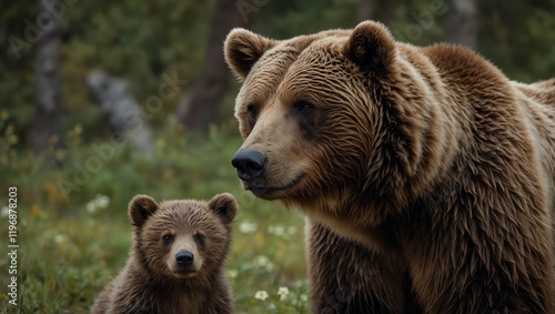 Wallpaper Mural Brown bear in the forest . A close-up of a brown bear and cub in a grassy field. Torontodigital.ca