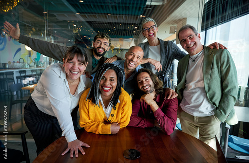 Happy portrait of diverse businesspeople smiling and posing together in a modern office space, showing teamwork and unity, looking at the camera cheerfully.