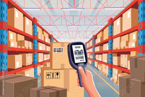 Data collection terminal in a warehouse. A man scans a barcode on a box. Interior of storage room in store, factory, market, hardware store. Vector cartoon illustration.