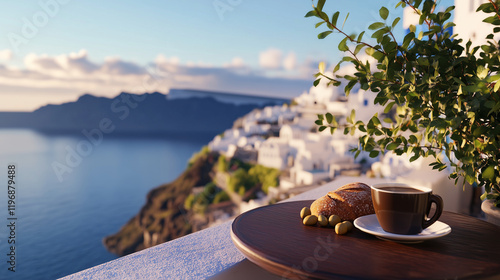 The soft morning light casts a magical glow over the caldera and Aegean Sea, as a cozy table on a Santorini hotel balcony is set with freshly baked bread, olives, and rich coffee,