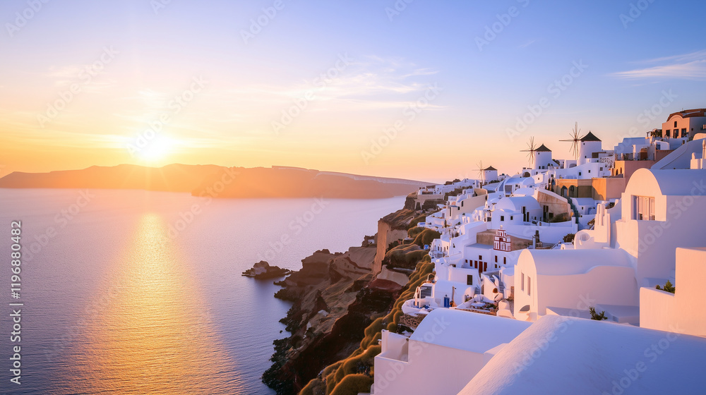 Fototapeta premium At a Santorini hotel, sunrise transforms the caldera into a golden masterpiece, the Aegean Sea glistening below, as guests indulge in a breakfast spread of pancakes, fresh figs, an