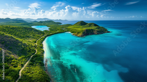 A bird's-eye view captures the breathtaking beauty of a lush green peninsula surrounded by crystal-clear turquoise waters, with winding coastal trails and secluded beaches shimmeri photo