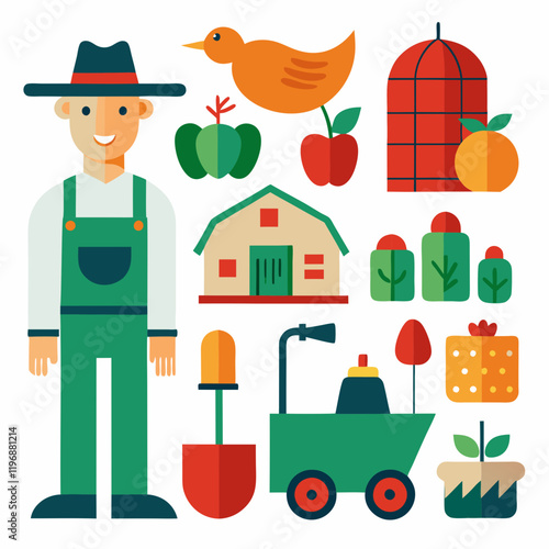 A collection of illustrations depicts a local farm scene with farmers, animals, crops, a market stand, and farm equipment 