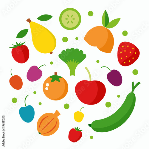 A colorful assortment of stylized fruits and vegetables is scattered across a white background