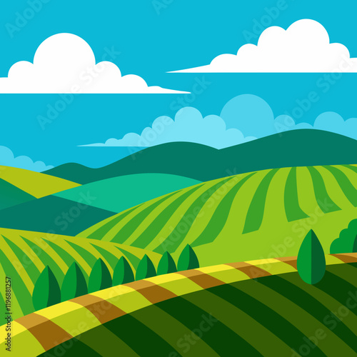 A vast, green vineyard stretches across rolling hills under a blue sky with scattered clouds with white background