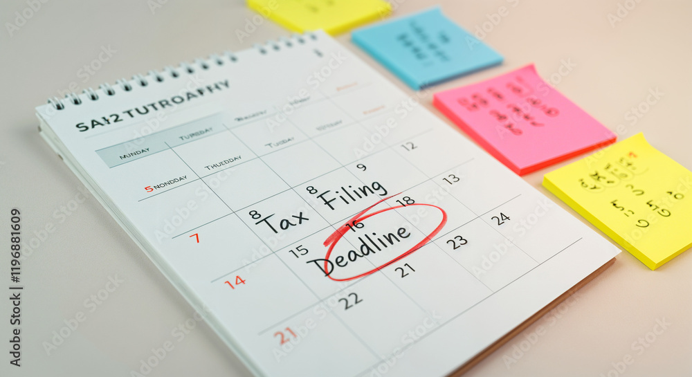 Calendar showing tax filing deadline circled in red with reminder sticky notes, emphasizing the importance of timely tax submission Calendar showing tax filing deadline circled in red with reminder sticky notes, emphasizing the importance of timely tax submission