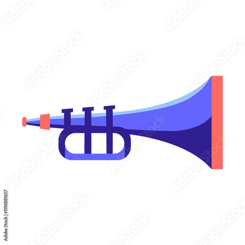 A blue and orange graphic illustration of a trumpet.