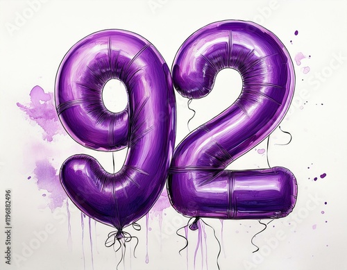 Purple birthday / anniversary party balloon, number 92, watercolor painting with white background photo