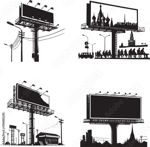 Billboards  black and white silhouette assets in vector farm 