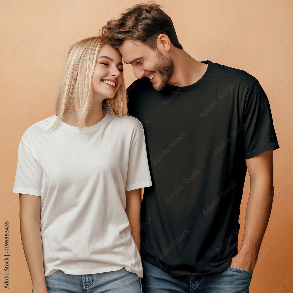 Fototapeta premium A man and a woman are happily standing close and smiling. Black and white cotton couple t-shirts mockup