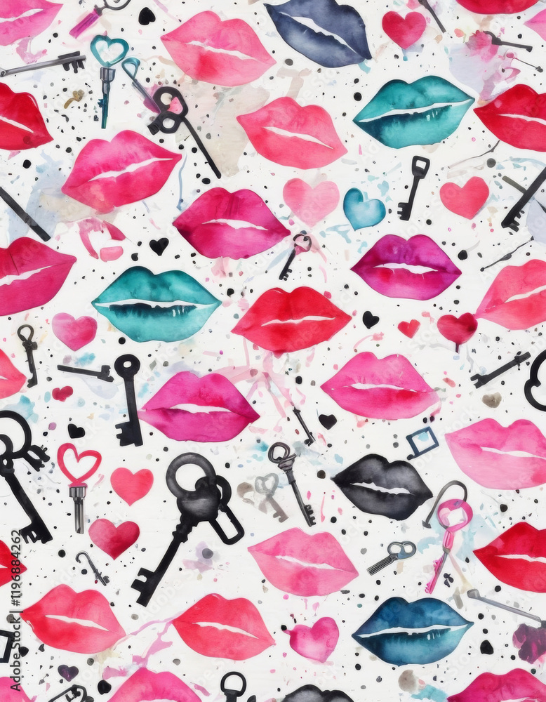 Bold Valentine's Day pattern, modern graffiti-inspired, vibrant colors, motifs of lips, locks, and keys, surrounded by abstract splashes and romantic text elements. Bold Valentine's Day pattern, modern graffiti-inspired, vibrant colors, motifs of lips, locks, and keys, surrounded by abstract splashes and romantic text elements.